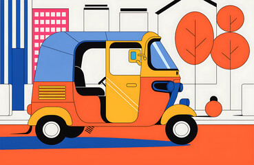 Fototapeta premium Flat vector illustration of an auto rickshaw on Indian street, minimal city background, modern design
