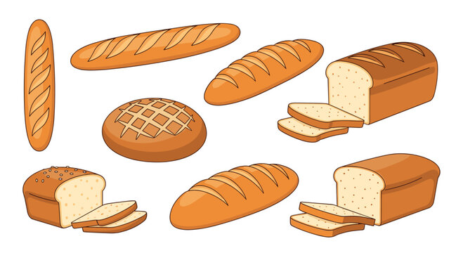 Variety of freshly baked bread loaves and sliced portions including baguettes and rounds is shown for bakery and food industry marketing.