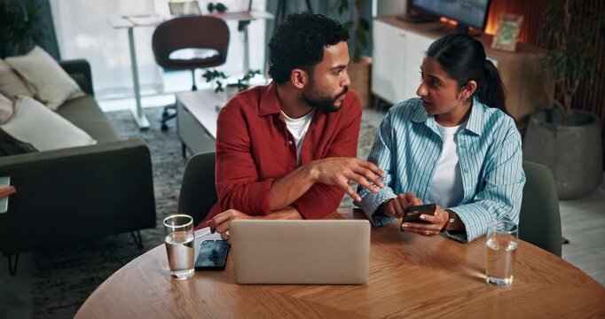 Laptop, discussion or couple with phone in home, reading bills or online bank statement of expenses. Chat, income planning or people with tech for spending budget, saving idea or finance goal setting