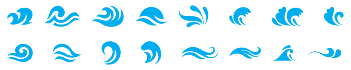 Blue waves and splashes of water set. Swirls, curves and flow of liquid clip art. Silhouette of water flows, vector elements on a white background.