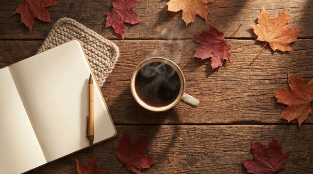 Steaming coffee mug, open blank notebook, and autumn leaves on rustic wooden table