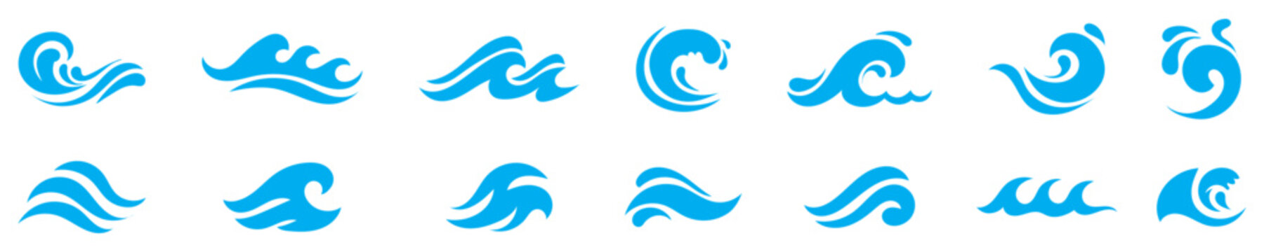Blue waves and splashes of water set. Swirls, curves and flow of liquid clip art. Silhouette of water flows, vector elements on a white background.