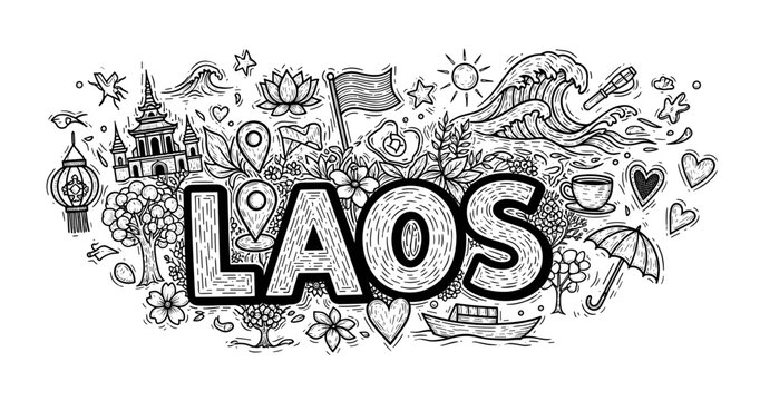 Doodle art of laos: cultural symbols and landmarks in black and white