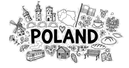 Fototapeta premium Poland sketch collage including landmarks, traditions, and symbols