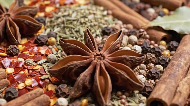 A vibrant assortment of dried spices and herbs creates a rich culinary texture.