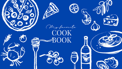 Italian Mediterranean cook book cover. Hand drawn crayon isolated vector illustration. Amalfi sketch vacation design. Wine, grapes, cheese, tomato, olive, pizza. Vintage summer background © pim
