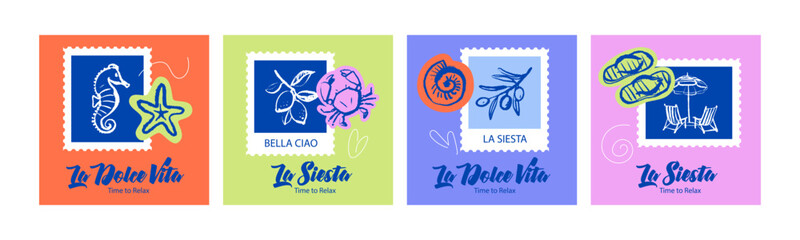 Vintage summer Italian Mediterranean coastal banners with postage stamps. Hand drawn vector illustration. Amalfi crayon sketch beach vacation design. © pim