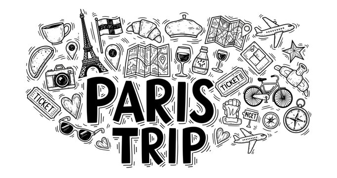 Hand-drawn paris trip icons: eiffel tower, wine, croissant, maps, and travel essentials