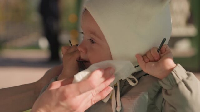 Child explores sunglasses. Curious infant touches and chews sunglasses during outdoor adventure. Young child explores sunglasses with fascination while enjoying sunny day outdoors with family