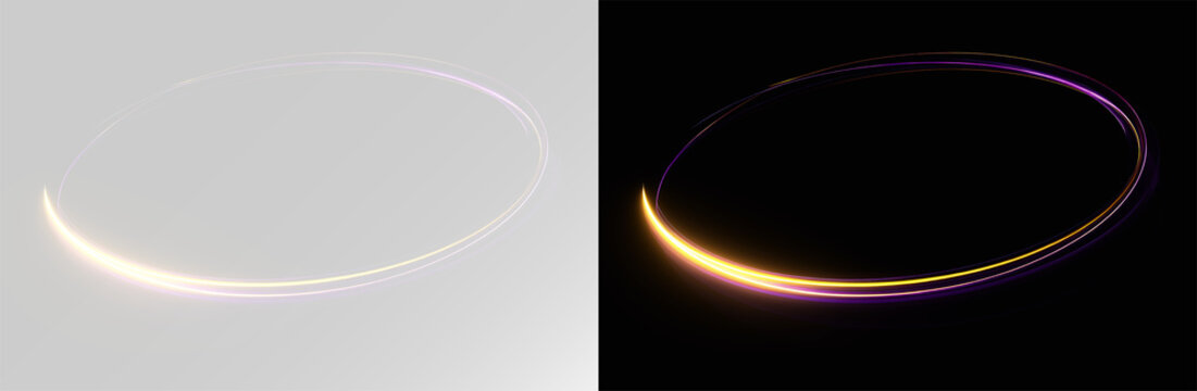 Ring of light with magic portal effect and glowing energy sparks on white and black background, golden and purple overlay png
