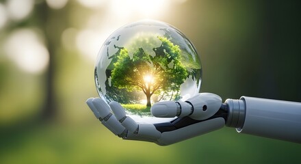 Earth day sustainability concept robotic hand holding a glowing tree globe