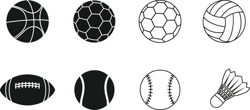 A collection of minimalist black and white sports balls and equipment icons set vector illustration, including basketball, soccer, volleyball, tennis, baseball, and football.