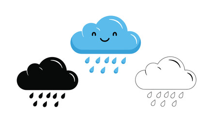 Set of three rain cloud icons featuring a happy blue face, a solid black silhouette, and a simple black line drawing.