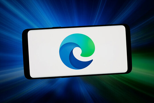 Stuttgart, Germany - 03-02-2026: In this photo illustration, the logo of web browser Microsoft Edge is displayed on a smartphone in front of abstract background on computer screen.