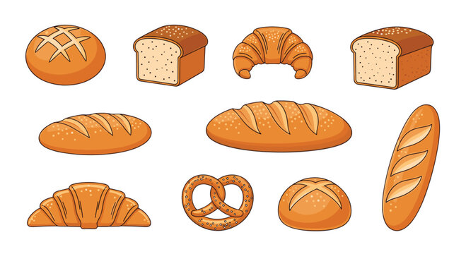 Collection of various types of fresh bread including baguette, croissant, pretzel, and round loaves in a warm golden color.
