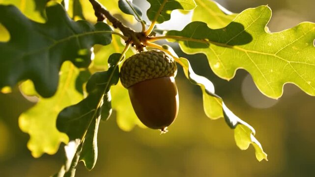 Close-up of a single ripe acorn hanging from an oak tree branch with green