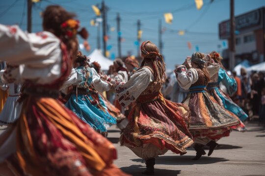 Women in colorful traditional folk costumes dance in a circle at an outdoor cultural festival under bright daylight.