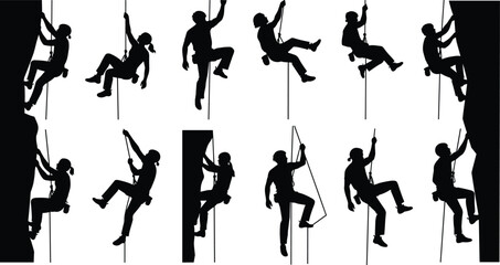 Large Set of Rock Climbing Silhouettes Featuring Male and Female Athletes Rappelling and Scaling Steep Cliffs Isolated on White Background