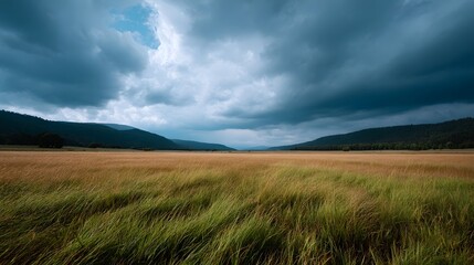 Obraz premium Vast windswept meadow of golden grass stretches towards distant hazy mountains under a dramatic cloud filled sky