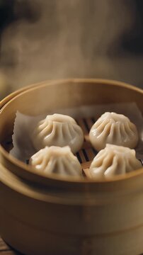 Steaming Har Gow Dim Sum Close-up in Bamboo Basket Golden Hour Light on Rustic Table
