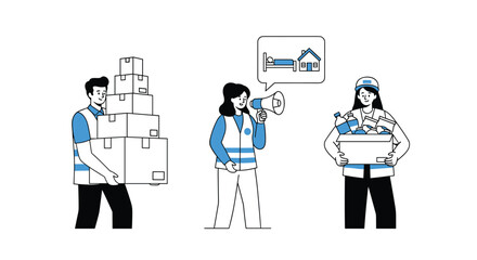 Team of volunteers in blue vests providing aid including food boxes and shelter information to help people in need.