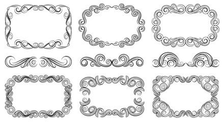 Set of elegant black and white ornamental frames and decorative borders with intricate scrollwork and vintage flourishes.