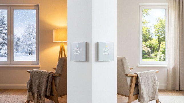 Two wall mounted smart thermostats showing 23 degrees for heating in winter and 20 degrees for cooling in summer with seasonal living room backgrounds.