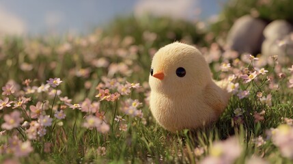Cute fluffy Easter chick standing in a spring flower meadow with soft pastel light. Perfect Easter background for greeting cards, seasonal designs, children themes and joyful spring celebrations.