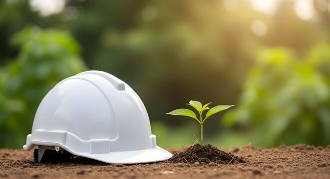 Earth day environmental sustainability with green sprout and hard hat