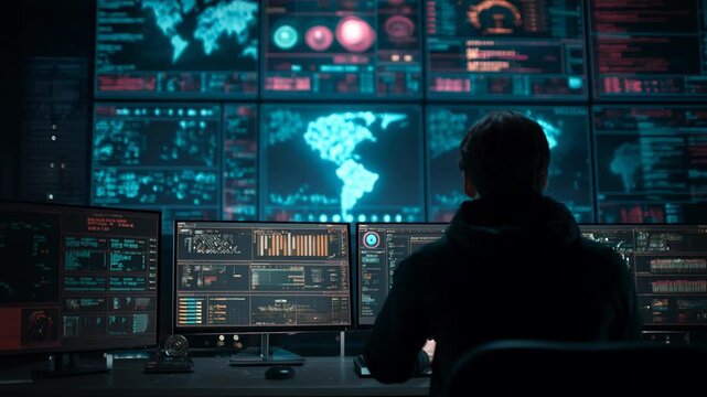 Cyber warfare concept with digital world map and data monitors at night