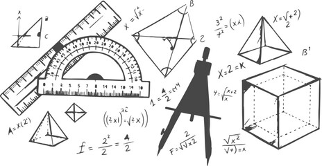 Mathematics hand drawn sketches with geometry tools formulas and shapes including ruler compass and protractor on grey © MDMUKTADIR