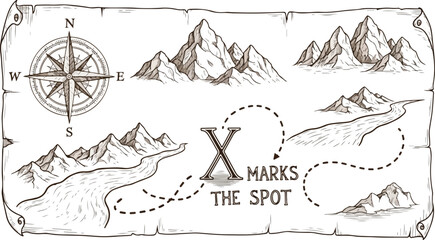Pirate treasure map with compass mountains river and x marks spot for adventure and exploration vintage style © MDMUKTADIR