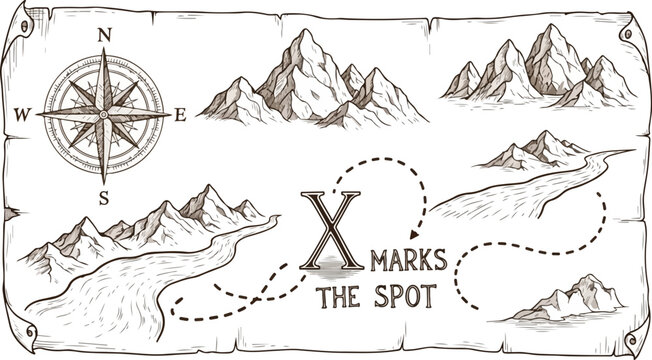 Pirate treasure map with compass mountains river and x marks spot for adventure and exploration vintage style