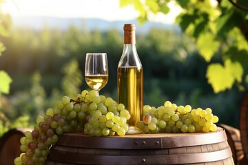 Naklejka premium White wine bottle and glass with green grapes resting on a wooden barrel outdoors