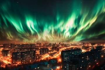 Fototapeta premium Bright aurora lights illuminate city skyline at night in a breathtaking display