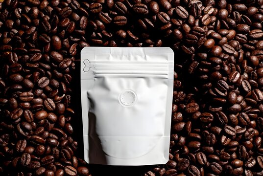 White Blank Coffee Pouch Mockup on Roasted Coffee Beans Background for Branding and Label Design