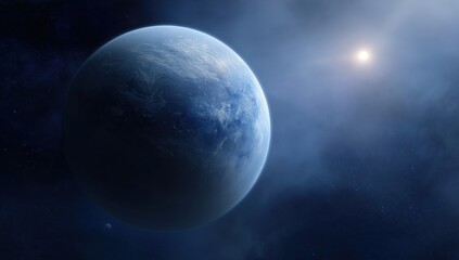 Obraz premium Distant blue planet rotating in outer space, reflecting bright sunlight, small moon orbiting, universe creating a vast cosmic panorama