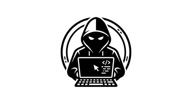 A mysterious hacker in a hoodie working on a laptop computer