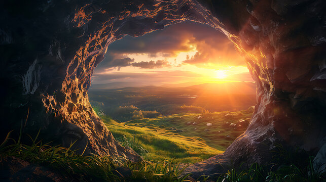 Cinematic Easter tomb cave view with warm sunset light and rolling hills landscape for religious storytelling