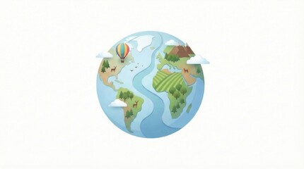 Fototapeta premium Cartoon Earth globe with land, oceans, and clouds, representing global travel and environment.