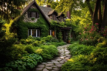 Naklejka premium Stone cottage with ivy on walls and roof, surrounded by lush green garden with winding path