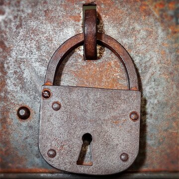 Old iron padlock hangs on a weathered metal door with rivets and rust, evoking security, history, and vintage industrial texture.