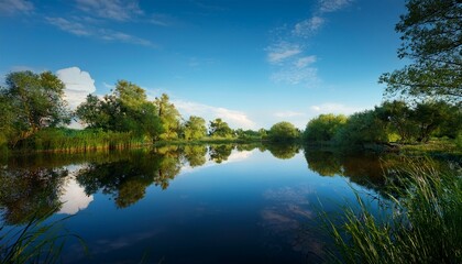 Fototapeta premium The Calm Waters Of A Pond Reflect The Surrounding Trees And Bushes Late In The Evening On A Blue Sky Summers Day
