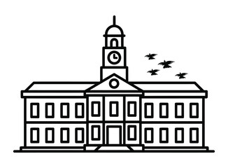 Naklejka premium Line art illustration of a classical building with a prominent clock tower and small flying shapes in the sky.