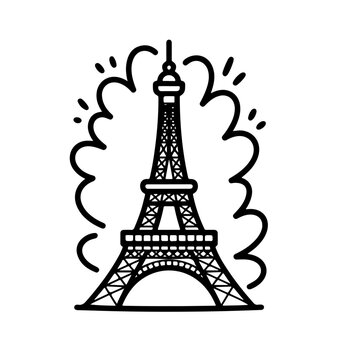  Eiffel tower on white background. Watercolor, line art, outline illustration.