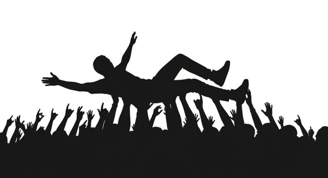 Silhouette of a person falling into a crowd with outstretched arms and legs conveying a sense of freedom and trust