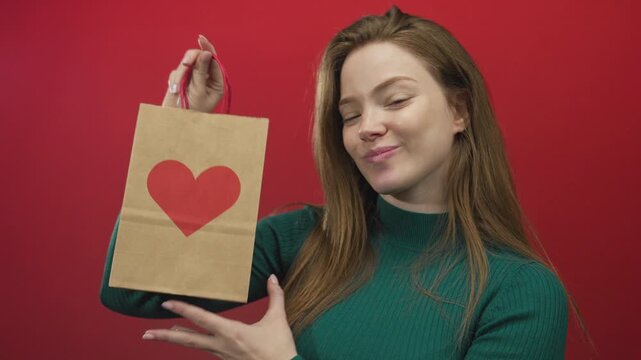 Woman smiling and pointing finger to craft shopping bag with heart design in studio; gift love excitement.