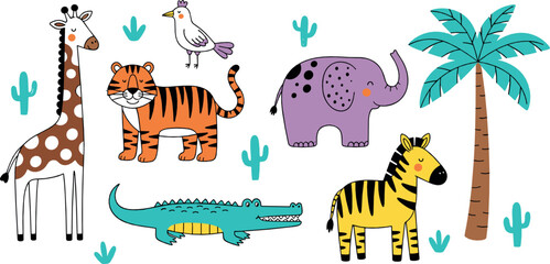 Cute safari animals cartoon vector illustration set with giraffe tiger elephant zebra crocodile bird palm tree and desert cactus © Yevhenii creative