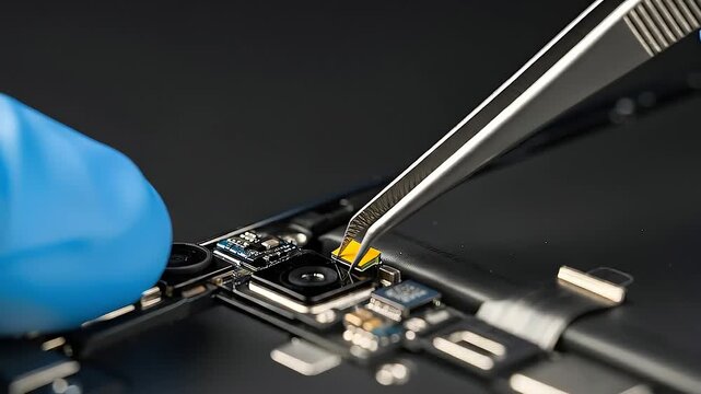 A gloved hand uses tweezers to precisely repair a tiny smartphone camera module on a dark circuit board, captured in a detailed macro shot.