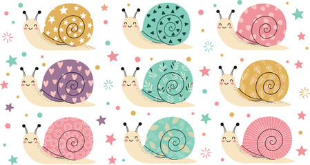 Cute snail cartoon seamless pattern flat vector illustration with colorful shells stars hearts and playful background © MstNazma